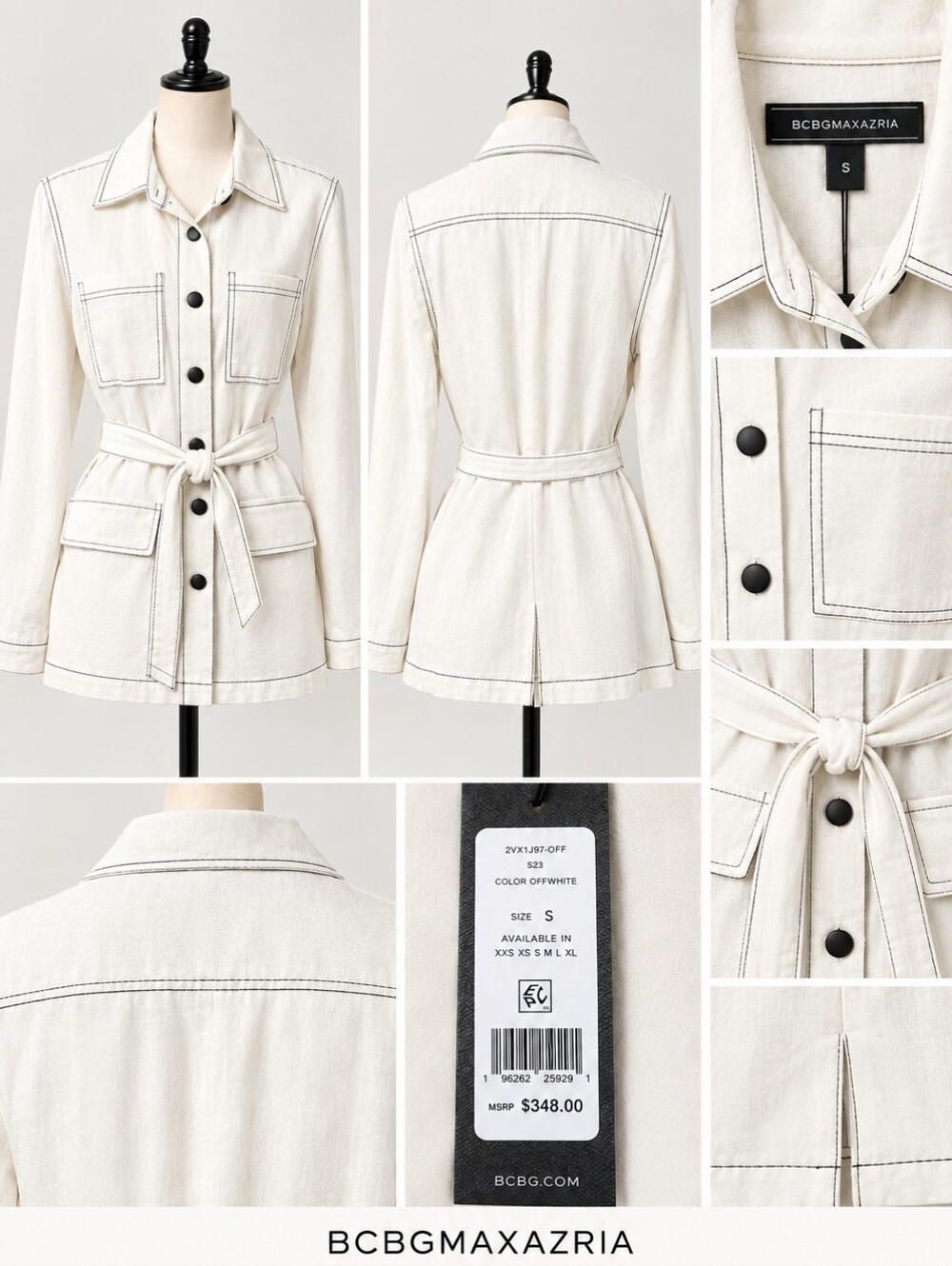 BCBGMAXAZRIA Off-White Contrast Stitch Belted Utility Jacket - Size S